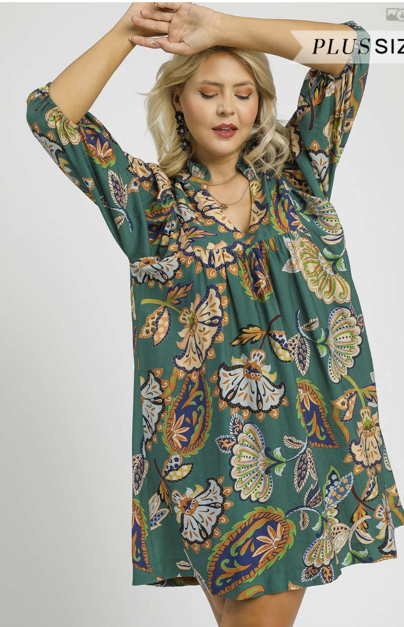 Plus Abstract Print Puff Sleeve Babydoll Dress