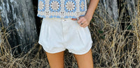 DOUBLE PLEAT DETAIL FIT AND FLARE DENIM SHORTS