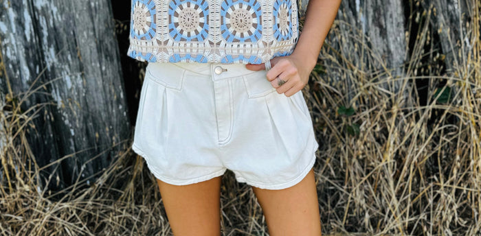 DOUBLE PLEAT DETAIL FIT AND FLARE DENIM SHORTS