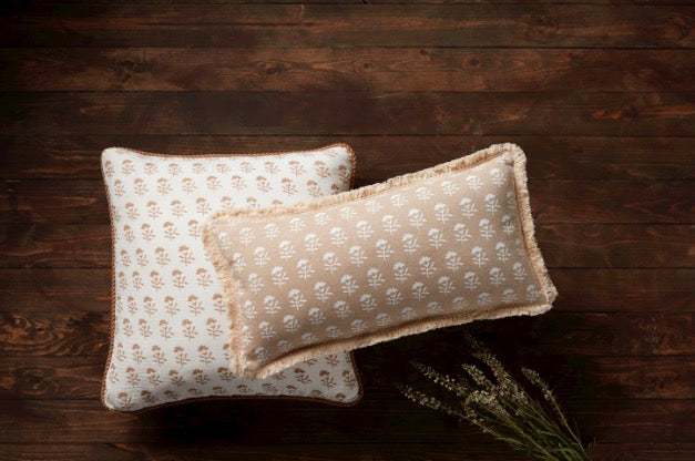 Mudpie Cotton block print pillow with jute rope trim