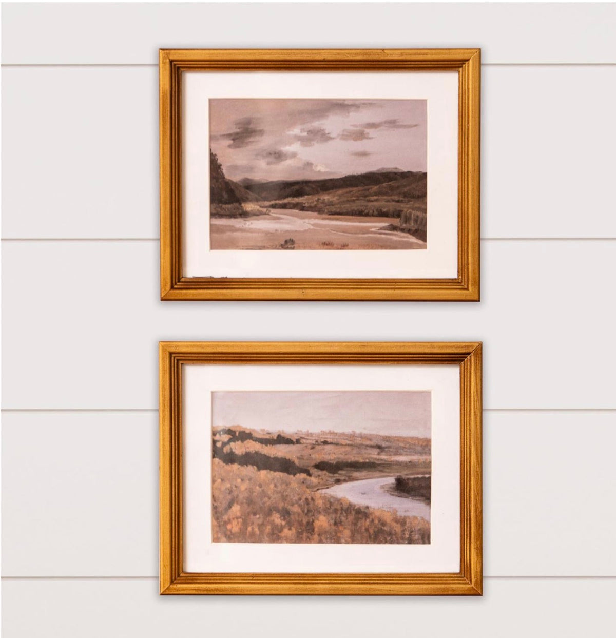 SMALL ANTIQUE GOLD FRAMED PRINTS - MATTED VALLEY LANDSCAPES