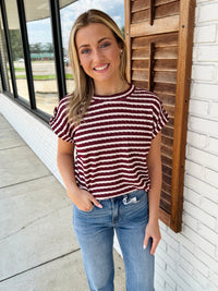 Stripe Textured Knit Short Tab Sleeve Knit Top