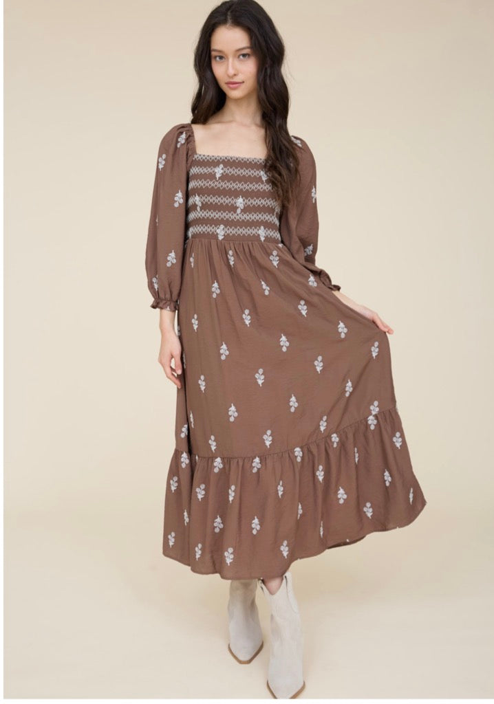 Floral Embroidery Long Sleeve Smocked Midi Dress