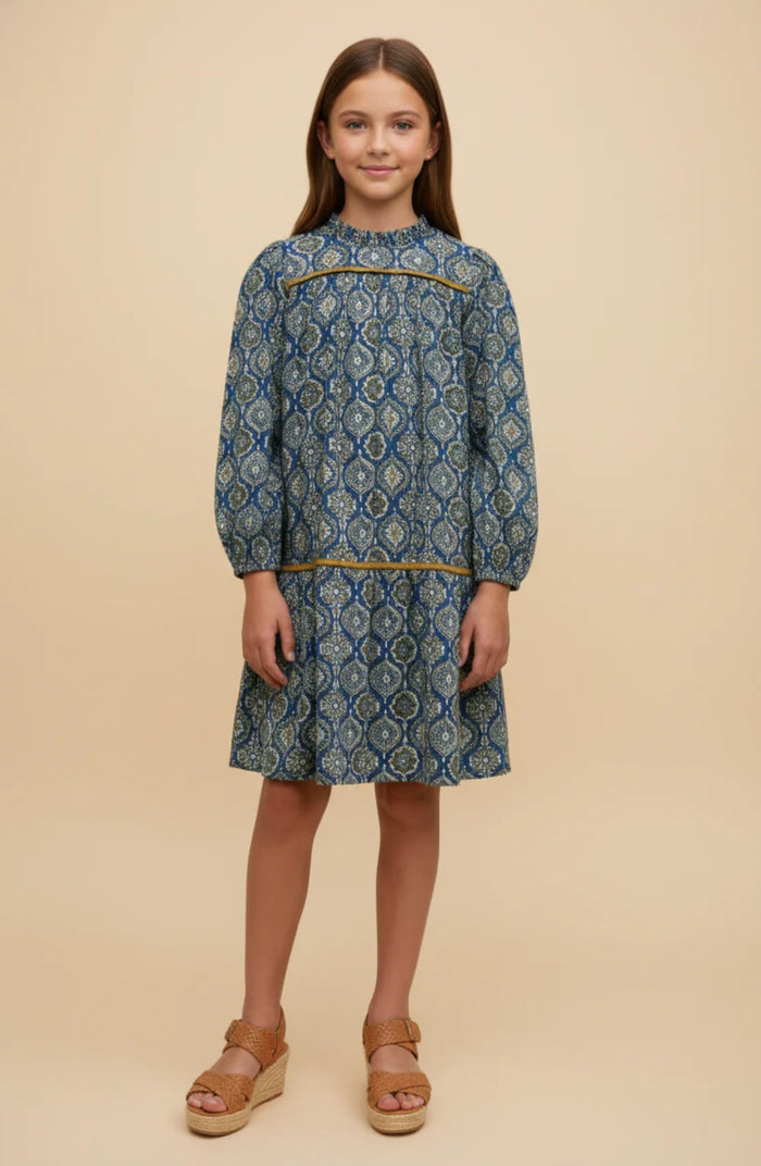 Girls Block Print Contrast Trim Long Sleeve Dress