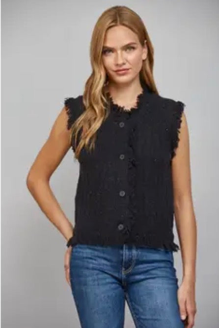 Fringe Trimmed Lurex Mixed Yarn Knit Vest