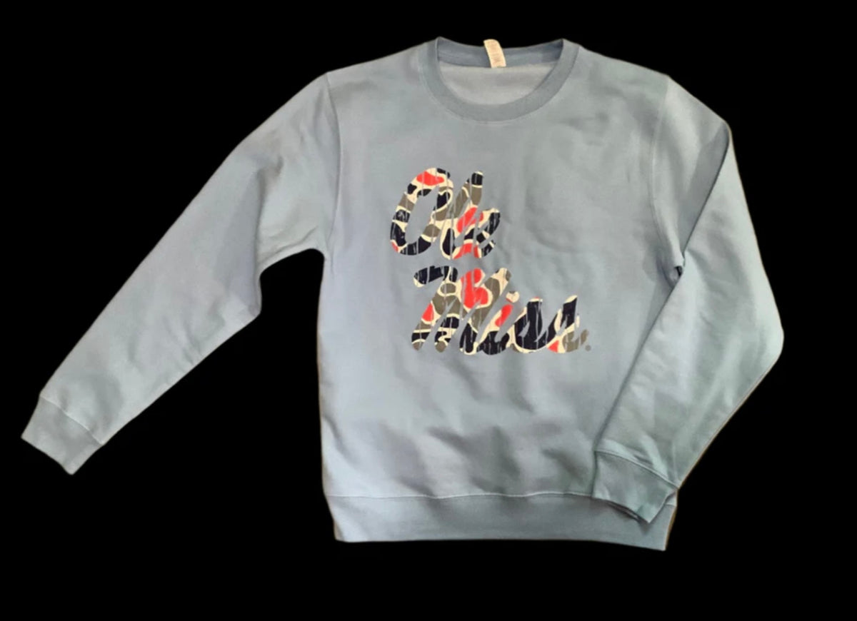 Speckle Bellies-Ole Miss Camo Script Sweatshirt- Powder Blue