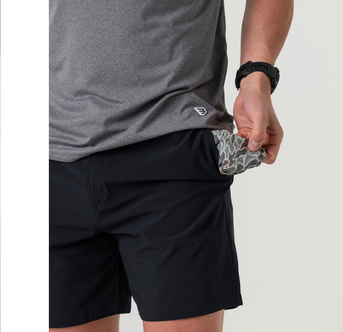 Burlebo - 5.5” - Everyday Performance Shorts - MATTE BLACK - RETRO DUCK CAMO POCKET