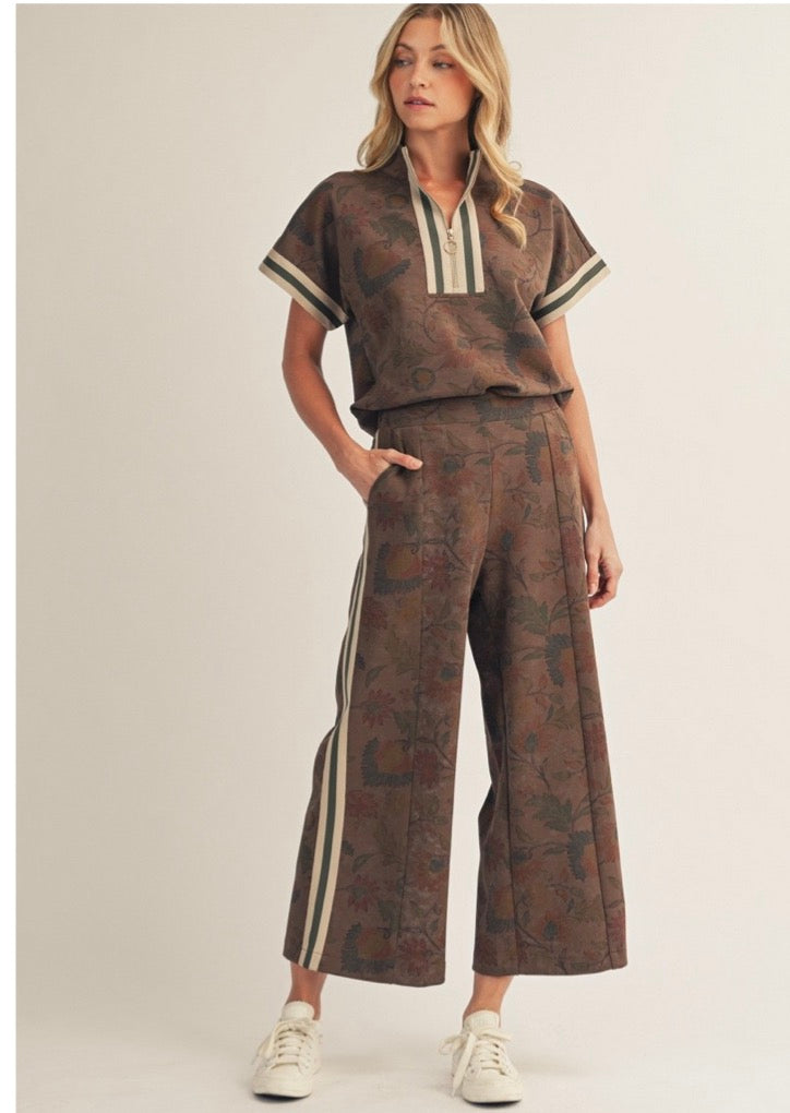 Color Rib Band Contrast Zip Up Floral Pants Set