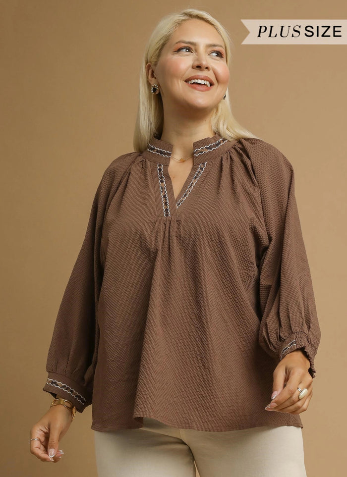 Puff Sleeves V Neck Collared Top