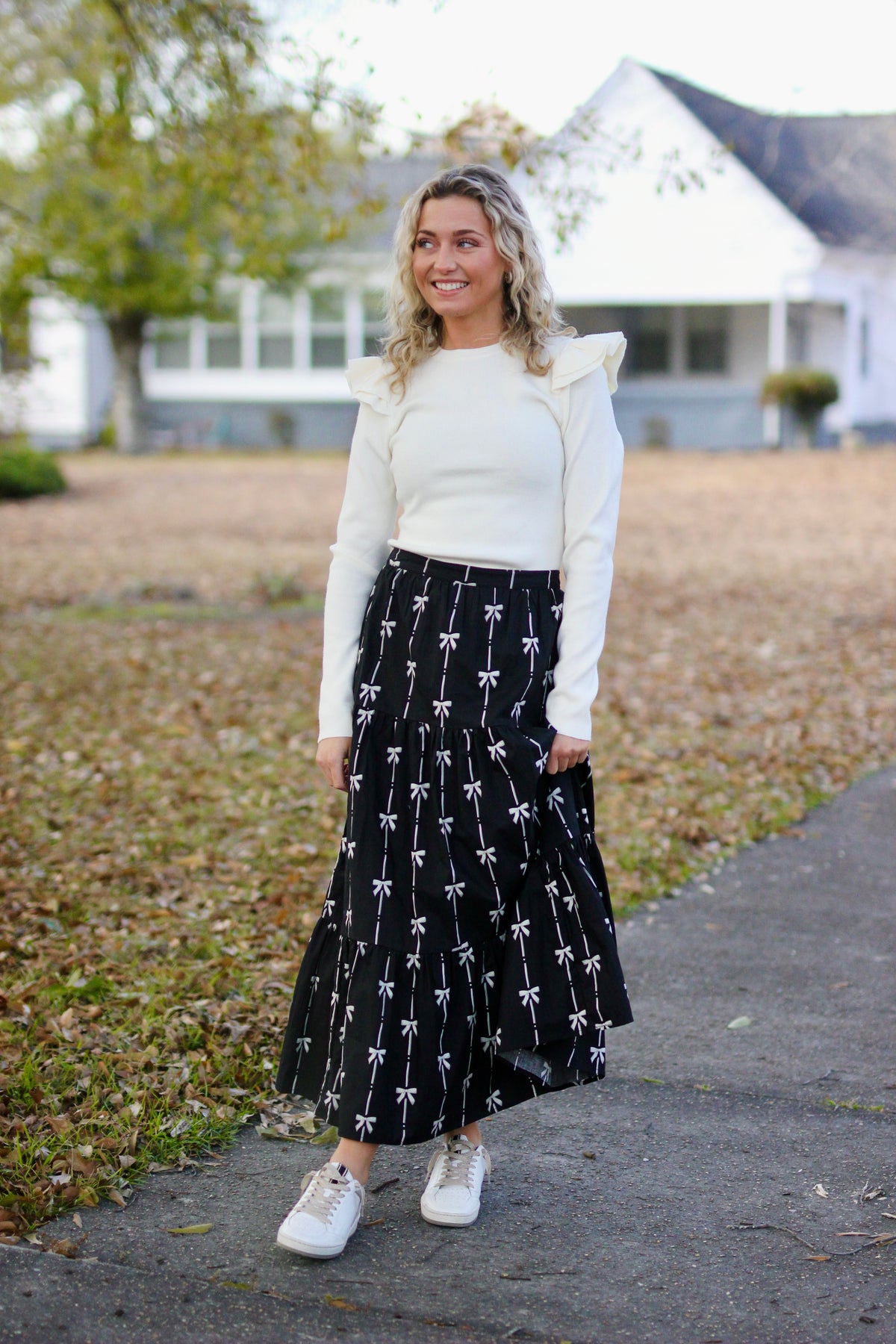 RIBBON PRINTED TIERED MAXI SKIRT