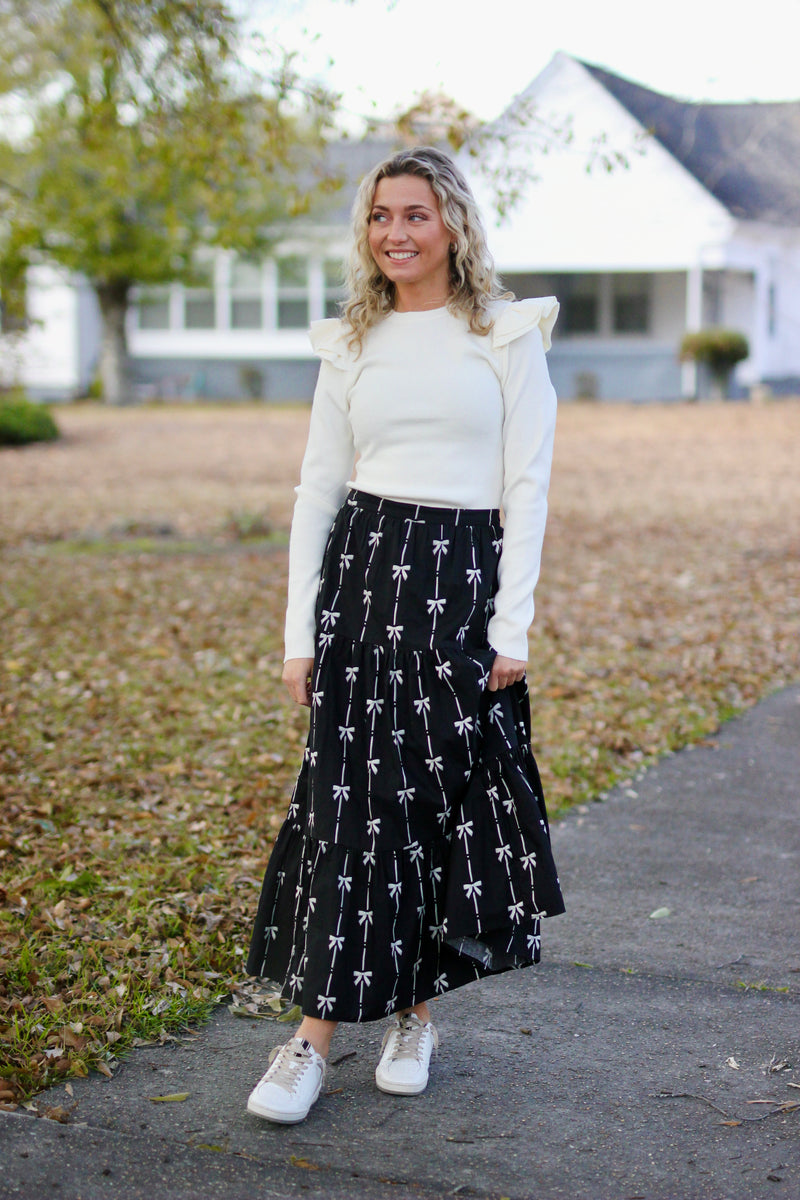 RIBBON PRINTED TIERED MAXI SKIRT