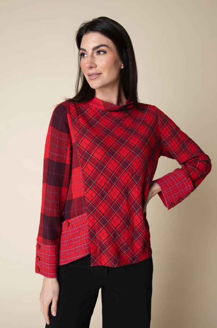 HABITAT GIRL GONE PLAID ASYMTCL BUTTON CUFF TOP APPLE