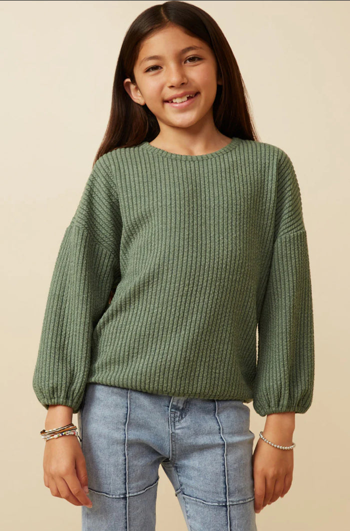 Girls Brushed Ribbed Puff Sleeve Knit Top