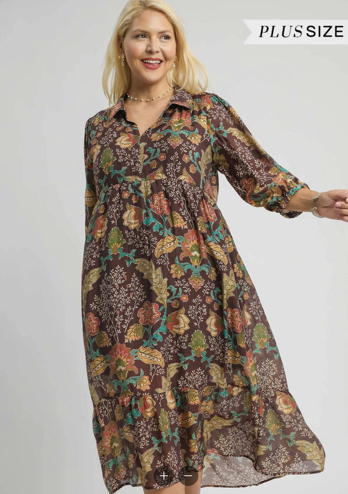 Mix Floral Collared Midi Dress