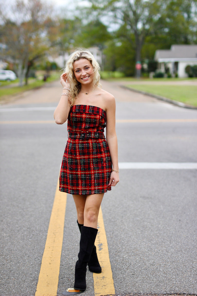 Multi Plaid Tweed Strapless Mini Dress