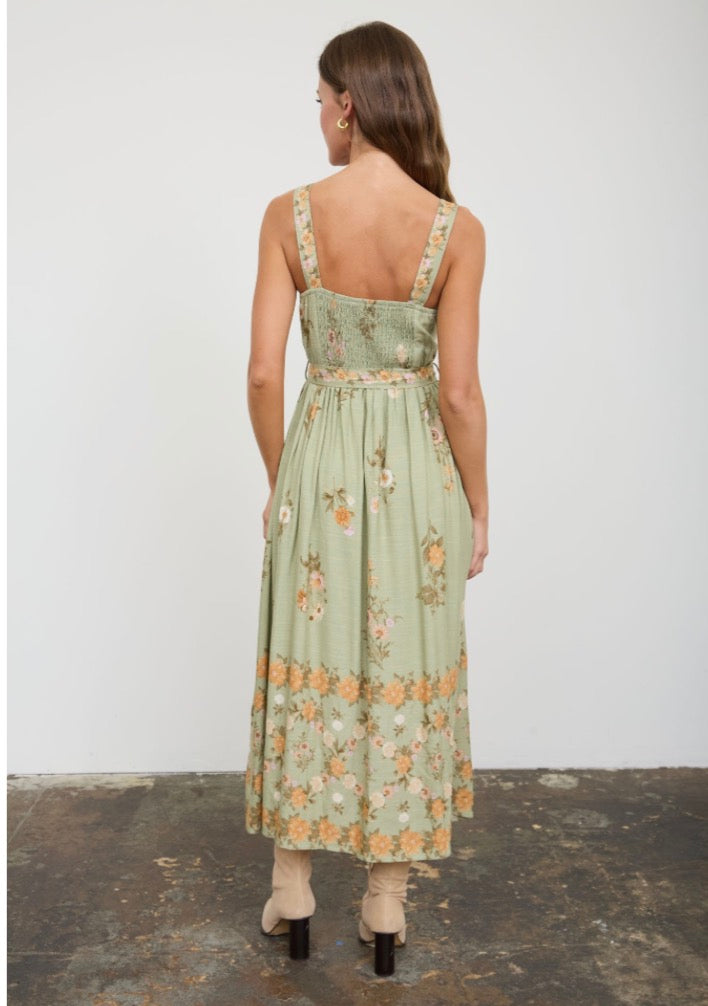 Floral Border Pattern Belt Strap Midi Dress