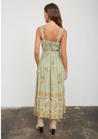 Floral Border Pattern Belt Strap Midi Dress