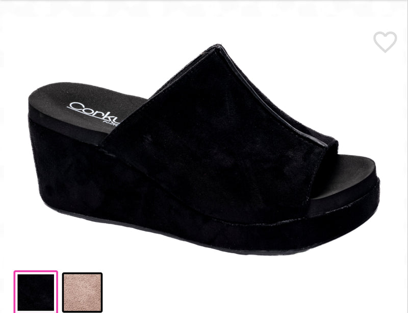 Corkys Here For It Black Faux Suede Wedge