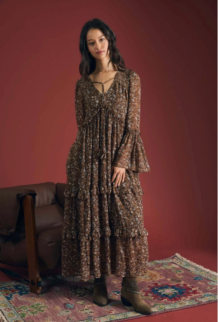 Floral Organza V Neck Long Sleeve Tunic Midi Dress