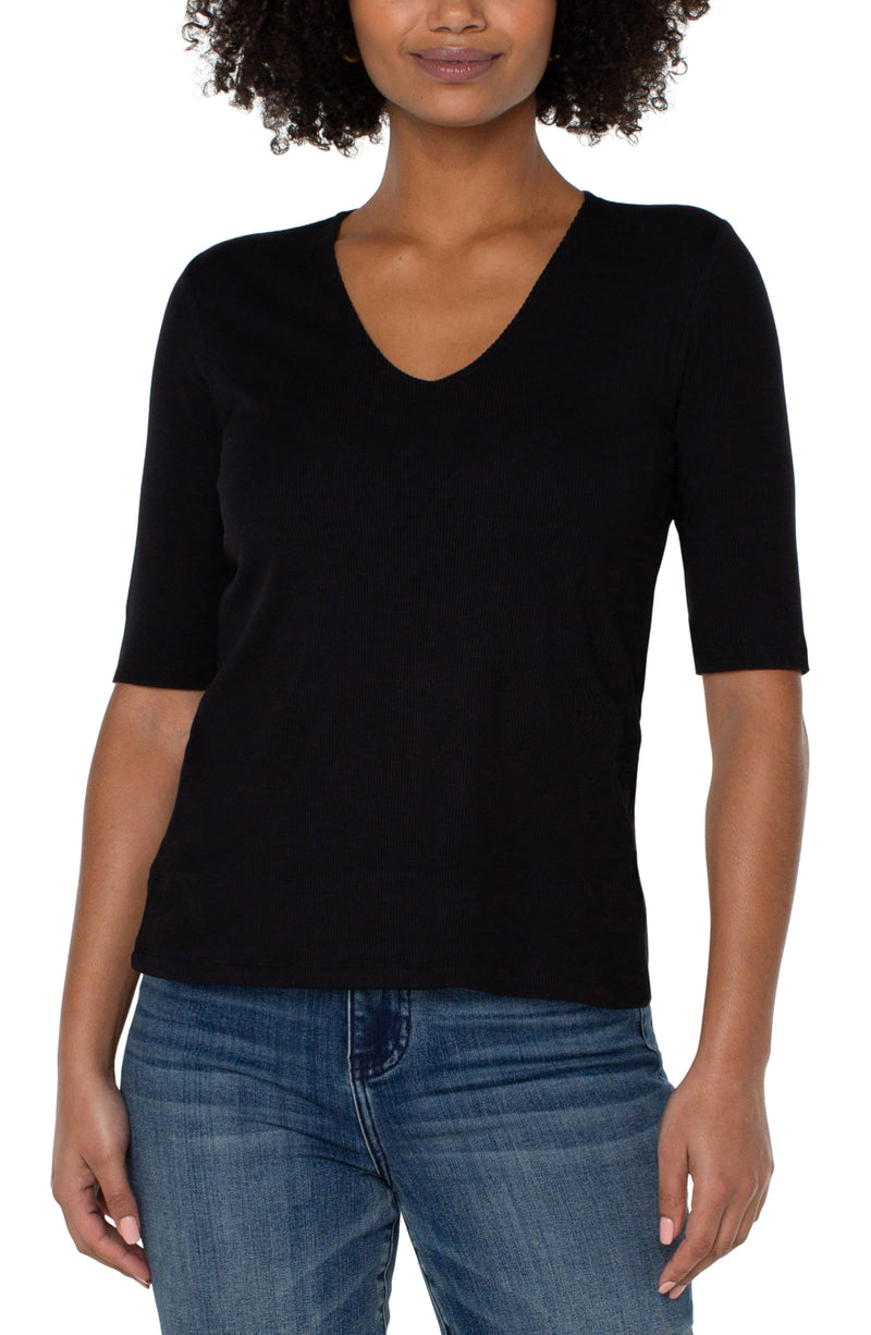 Liverpool 1/2 slv v-neck double layer front knit top