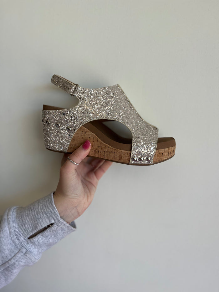 Corkys Carley Wedge Sandals Beige New Glitter