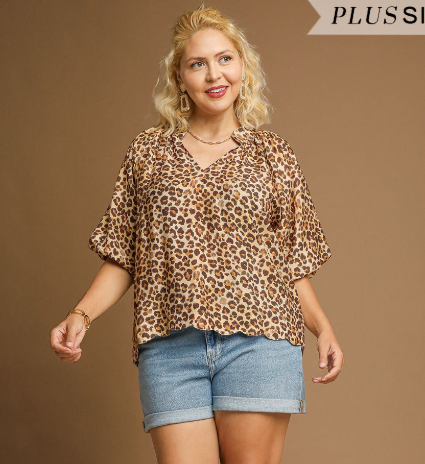 Scallop Hem Leopard Print Blouse