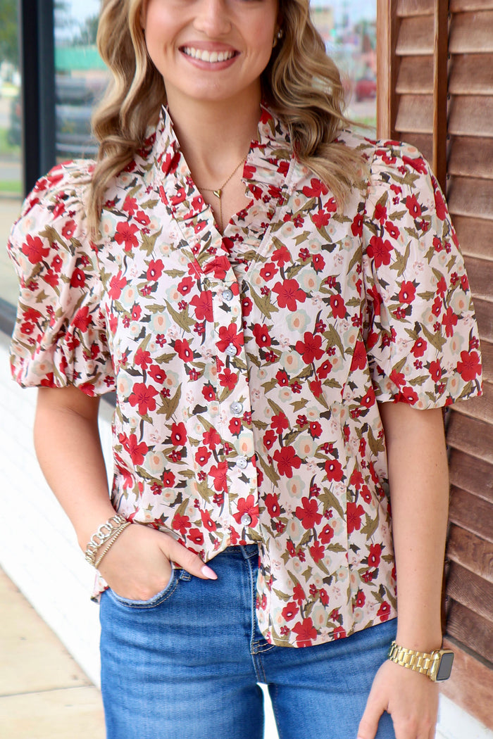 Floral print short bubble sleeve top