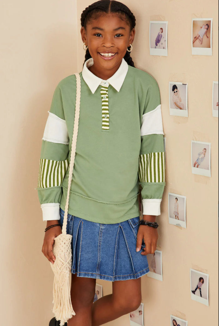 Girls Mixed Media Print Blocked Knit Rugby Shirt