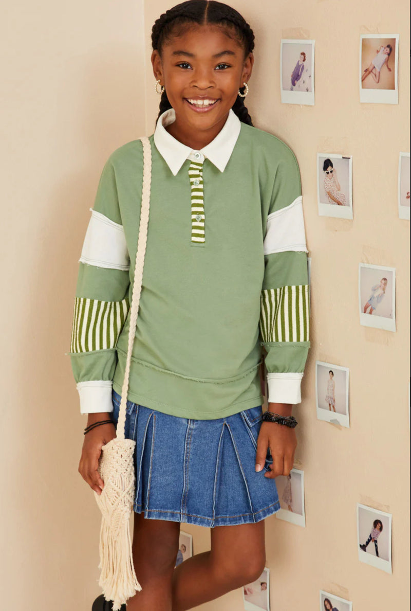 Girls Mixed Media Print Blocked Knit Rugby Shirt