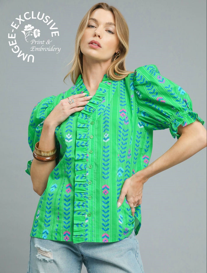 Mix Puff Sleeve Ruffle Trim Blouse