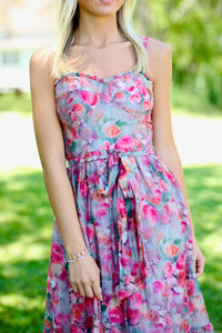 WARM ROSE PRINT FLORAL MIDI DRESS