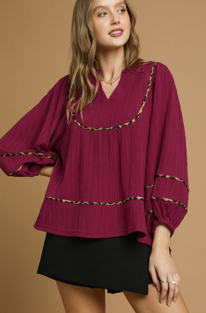 Texture Fabric Blouse with Animal Print