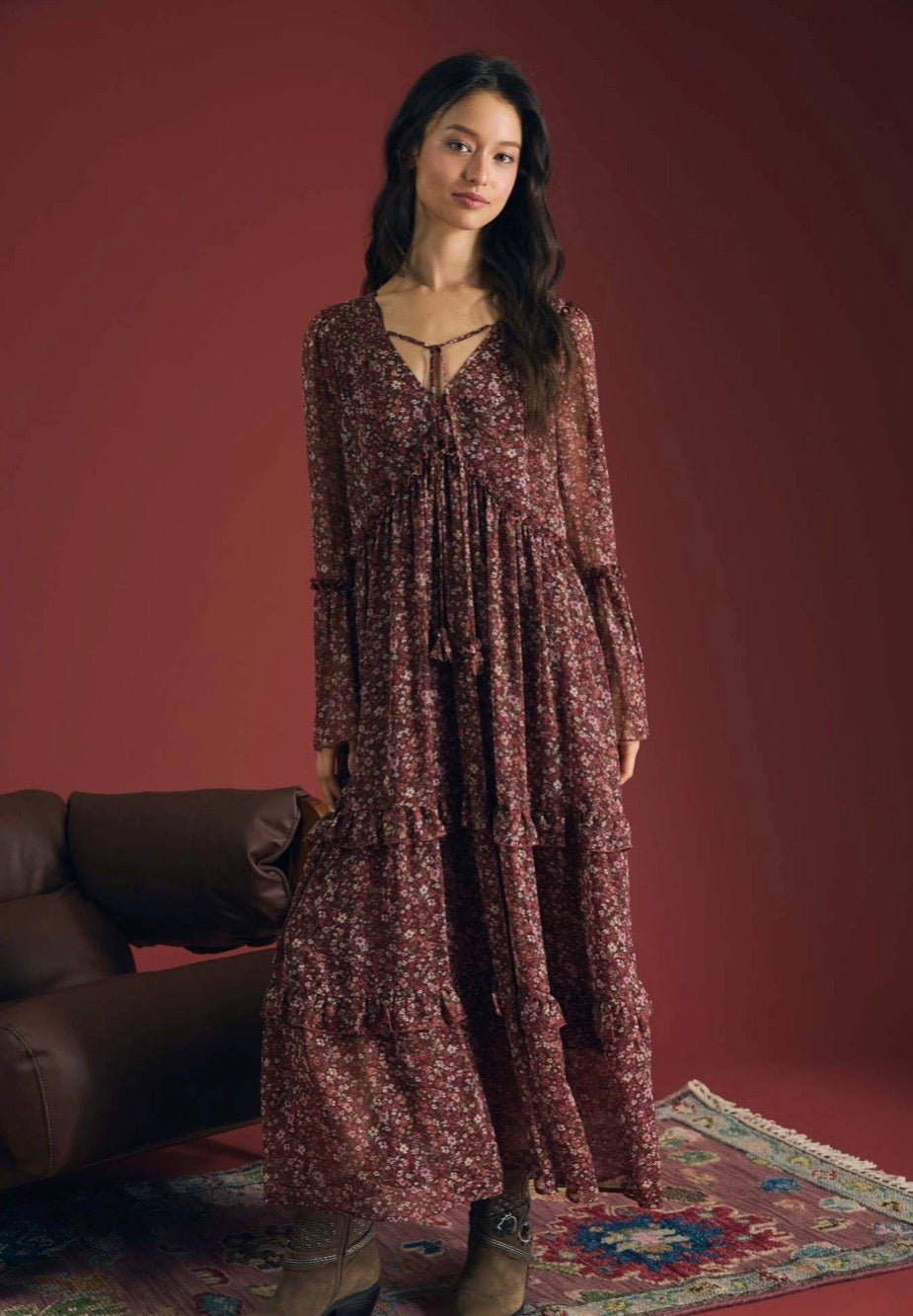 Floral Organza V Neck Long Sleeve Tunic Midi Dress