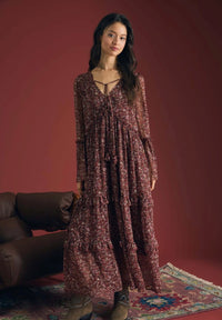 Floral Organza V Neck Long Sleeve Tunic Midi Dress