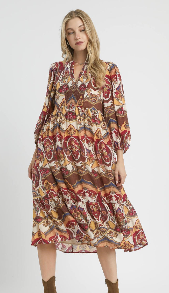 Abstract Print Print Tiered Midi Dress
