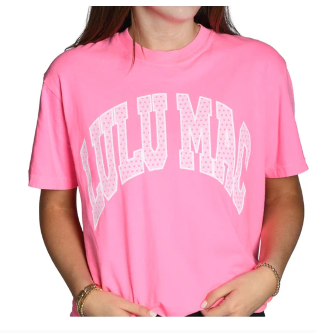 LULU MAC POLKA DOT ADULT NEON PINK COMFORT COLORS TEE