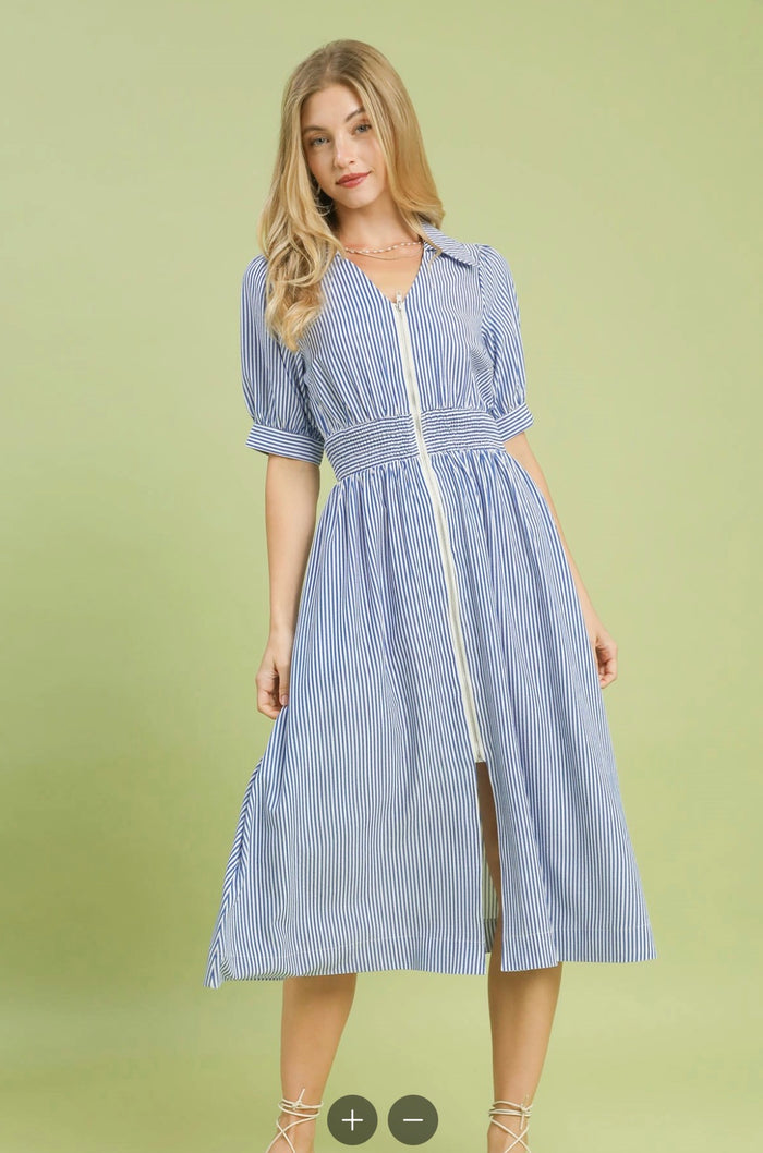 Striped Midi Dress with Front Zipper