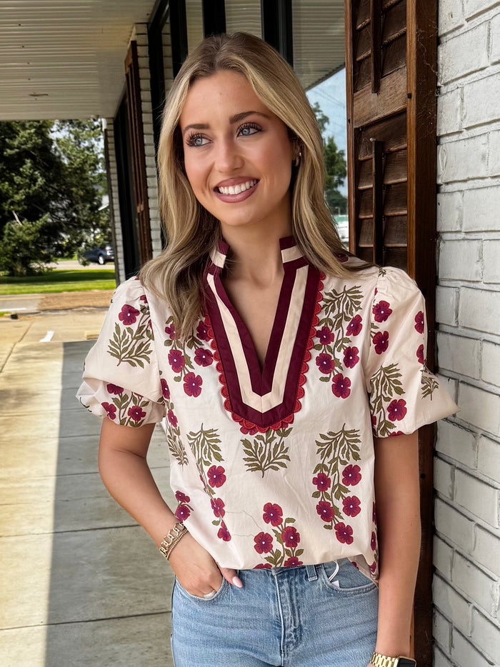Floral print short bubble sleeve top