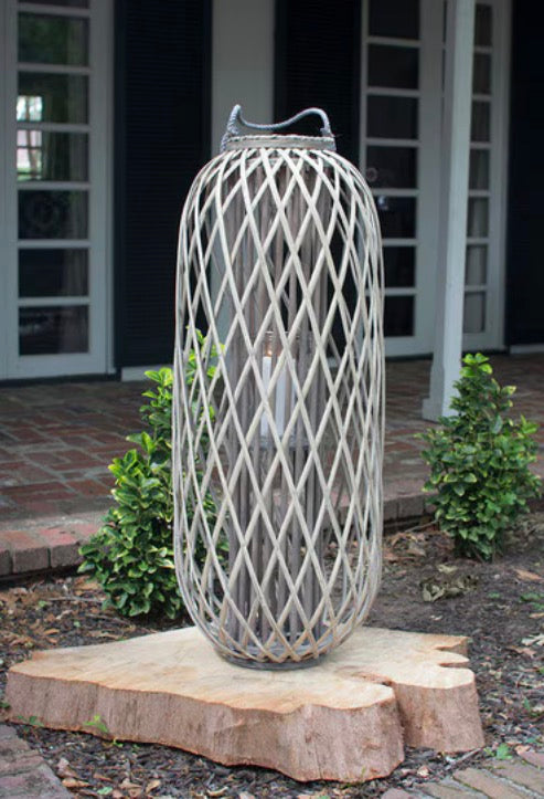 Tall Grey Willow Lantern with Glass Insert / X-Large