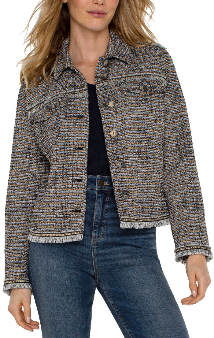 Liverpool trucker jacket w/ fray seaming- lapis boucle