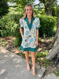 Floral print short puff sleeve pullover mini dress