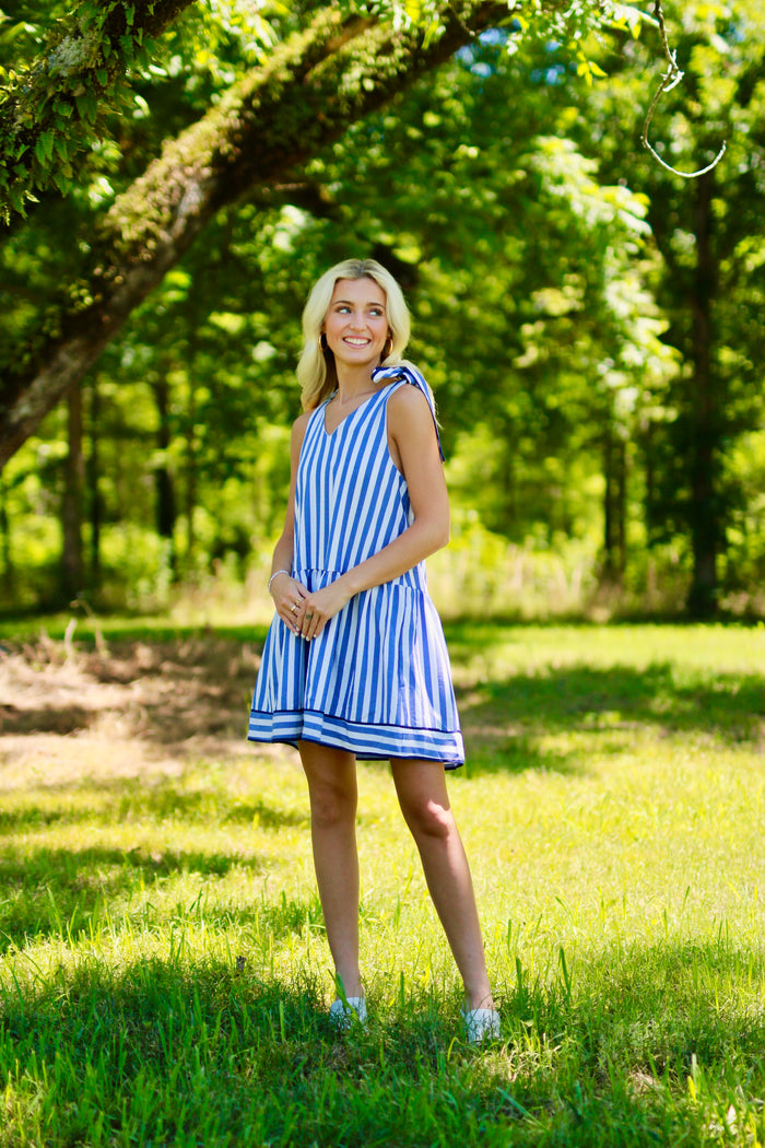 Stripe print v-neck sleeveless mini dress