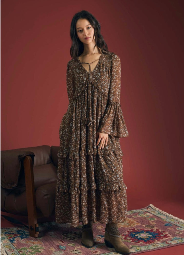 Floral Organza V Neck Long Sleeve Tunic Midi Dress