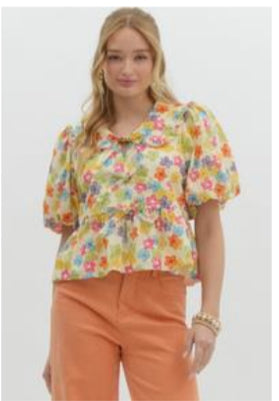 Floral print ¾ band cuff sleeve loose-fit pullover peplum top