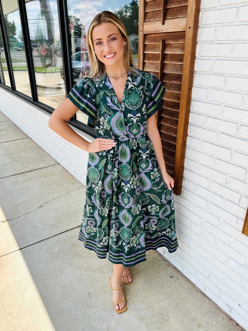 Multi-print midi dress featuring contrast accent binding detailing flutter sleeves and hem
