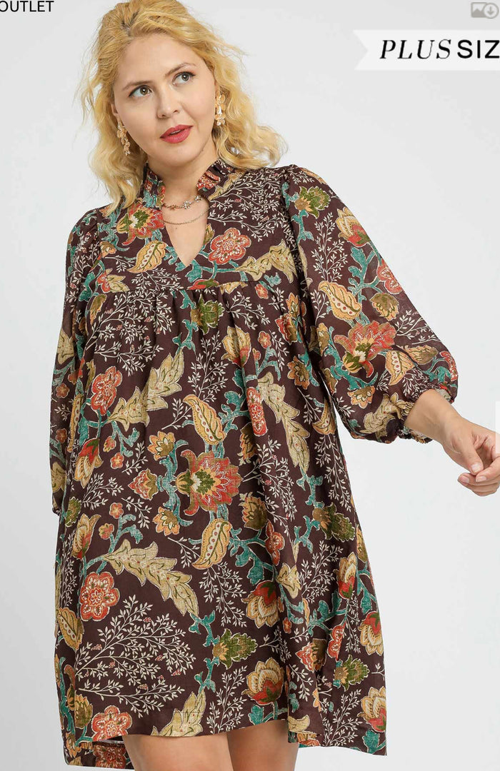 Plus Floral Ruffle Neck Mini Dress