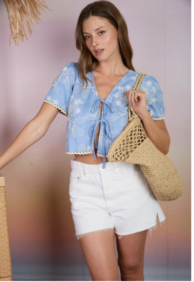 Embroidered Pattern Front Tie Wavy Trim Top