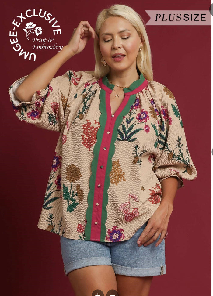 Mix Floral Textured Blouse with Scalloped Trim