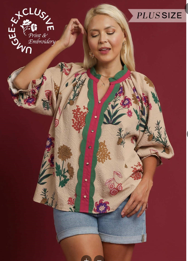 Mix Floral Textured Blouse with Scalloped Trim