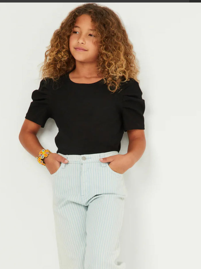Girls Ribbed Pleated Shoulder Puff Sleeve Top